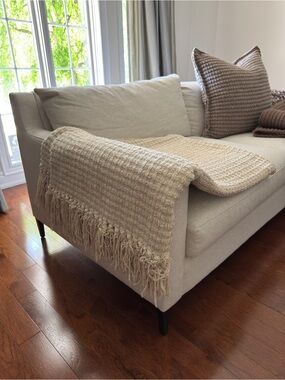 Restoration Hardware Cream Waffle Knit Fringe Throw Blanket